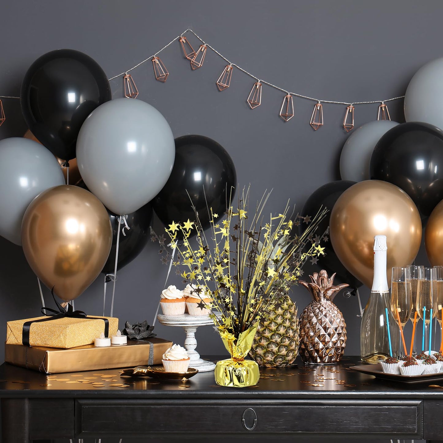 Crowye 6 Pcs Metallic Foil Spray Centerpiece Party Star Decoration Table Decor for Birthday Wedding Bachelorette Summer Party Holiday(Black Gold,Small Star)