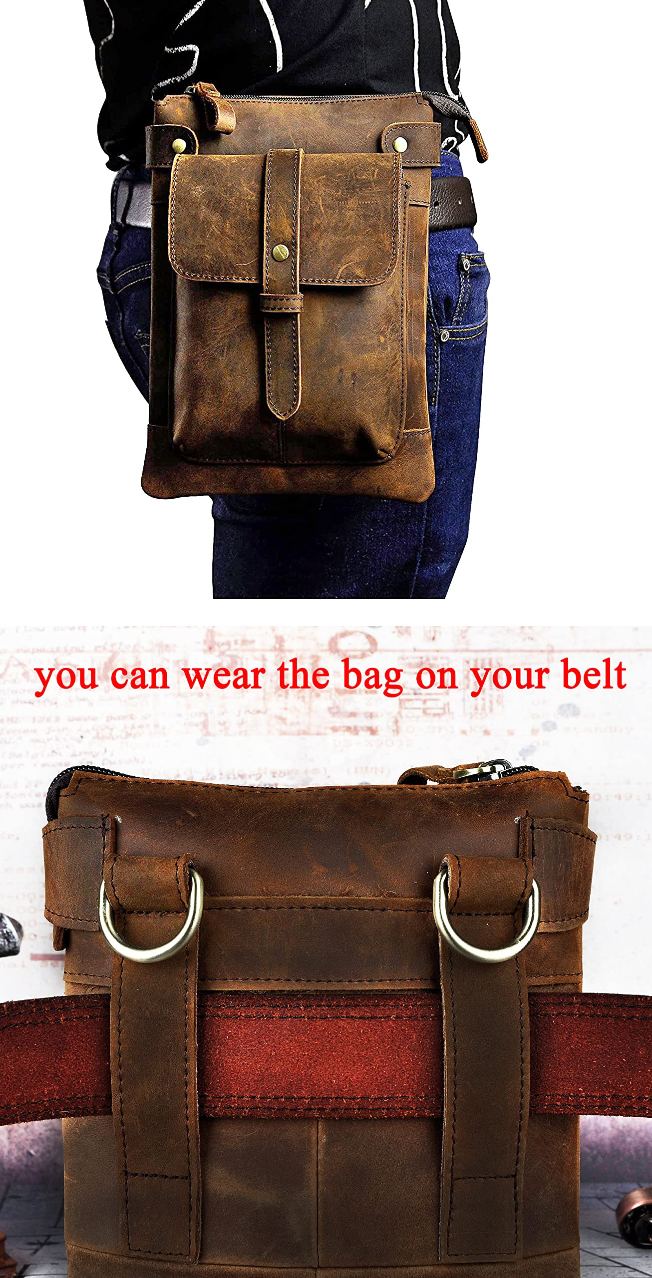 Le'aokuu Mens Genuine Leather Small Messenger Shoulder Satchel Waist Bag Pack 8711 (8711 A-Dark Brown)