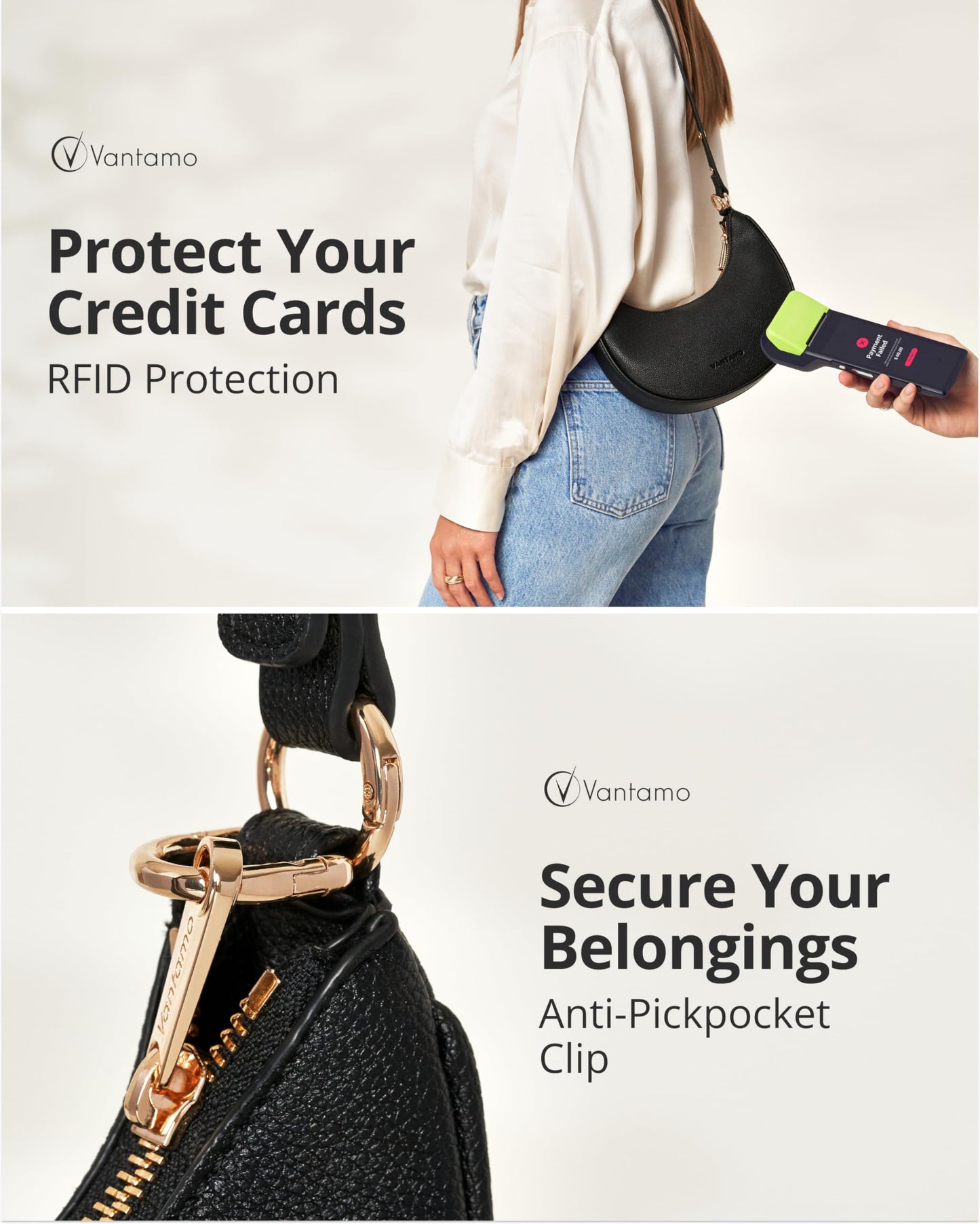 Vantamo Crescent Bags For Women with RFID Protection, Half Moon Clutch Purses for Women with Anti-Theft Clip for Extra Safety, Premium Smooth PU Leather Handbags for Work & Going Out, Black Purse