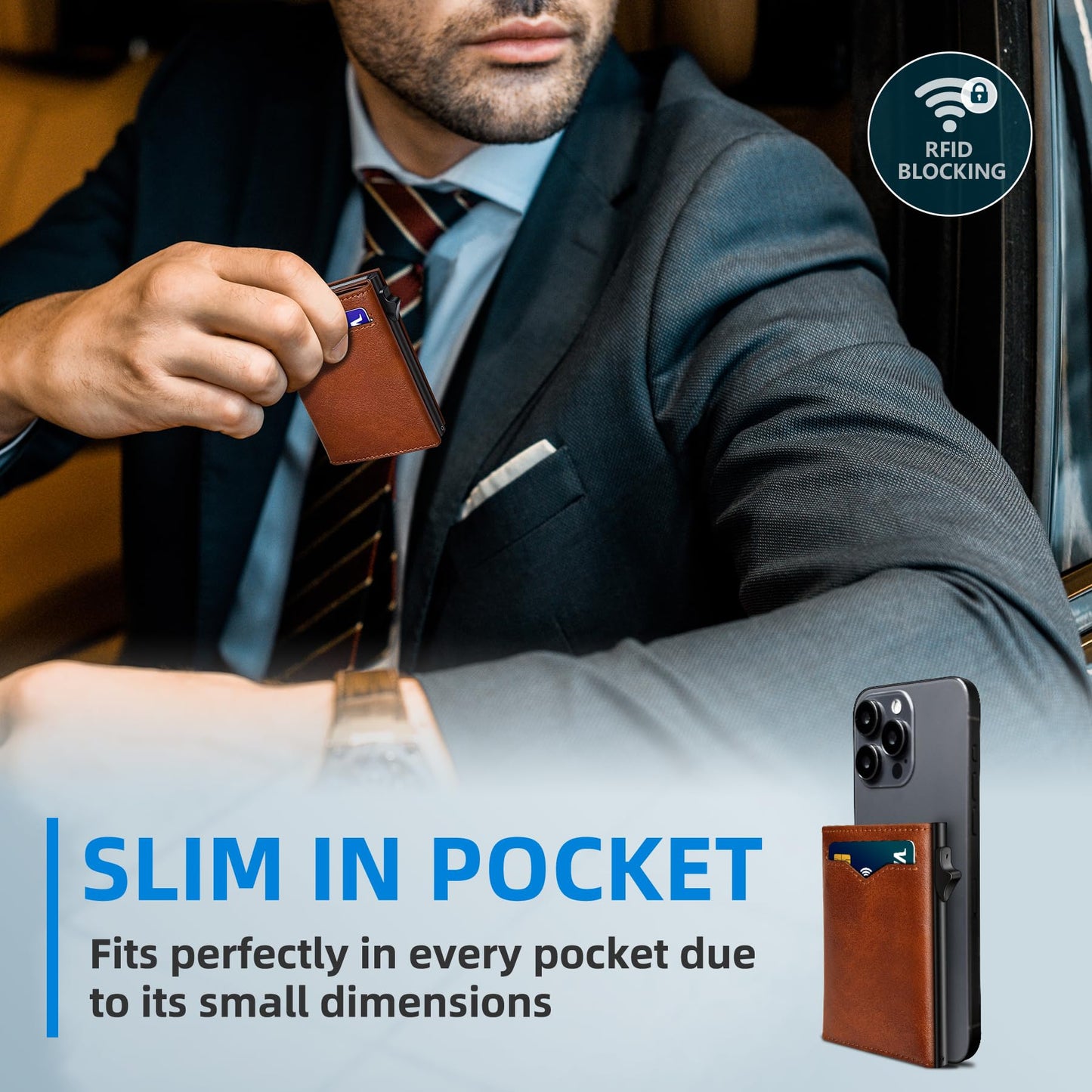 miyozi Wallet for Men,with Cash Pocket 2 ID Window 9-13 Cards,Metal Case Smart Slim Pop Up Credit Card Holder Flip with Magnetic Closure RFID Blocking Trifold wallet with Gift Box