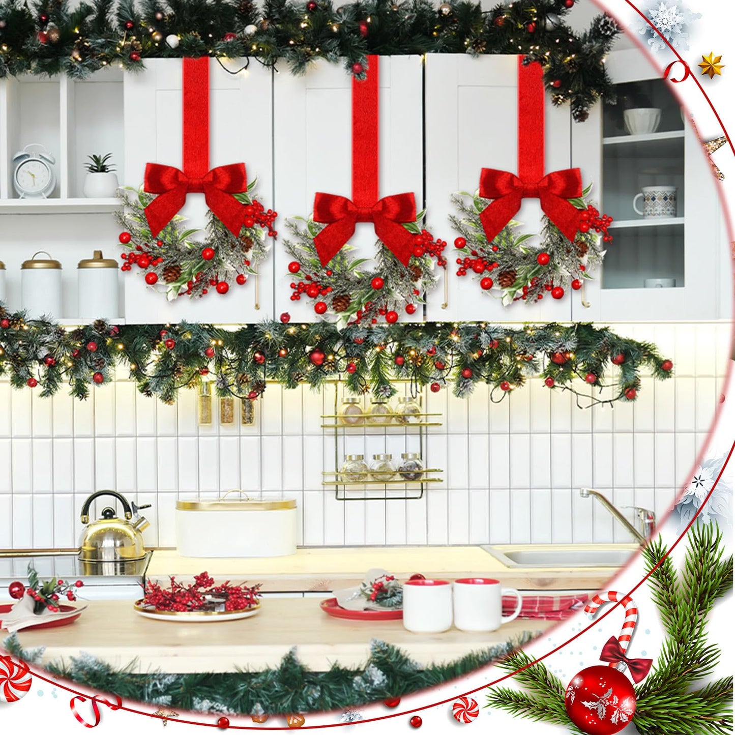Dingion 6 Pcs 6" Christmas in July Mini Cabinet Wreaths for Kitchen with Ribbon Bows Red Berry Small Window Wreath for Window Door Farmhouse Christmas Party Decorations