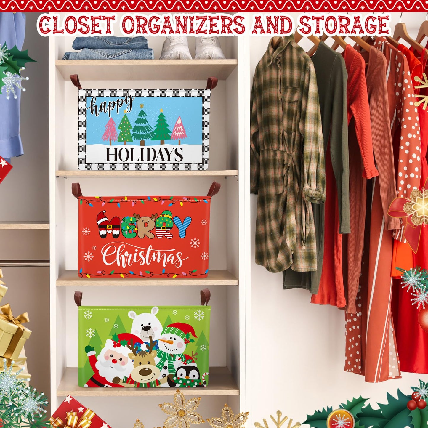 Boao 3 Pack Large Christmas Storage Baskets for Gifts Empty Collapsible Christmas Storage Bin with Handle, Xmas Canvas Laundry Basket for Home Bedroom Clothes Toys Closet Shelf Office Holiday Decor