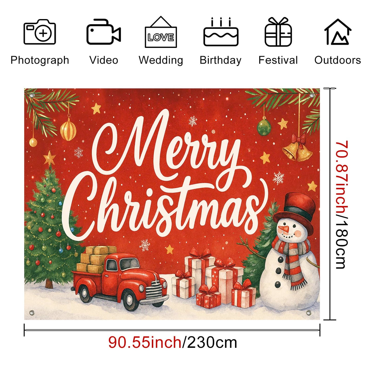 HOMETITUTE Red Truck Christmas Backdrop 8×6ft Snowman Gift Tree Holiday Party Banner for Family Photography Winter Decoration Background