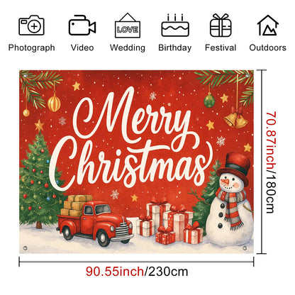 HOMETITUTE Red Truck Christmas Backdrop 8×6ft Snowman Gift Tree Holiday Party Banner for Family Photography Winter Decoration Background