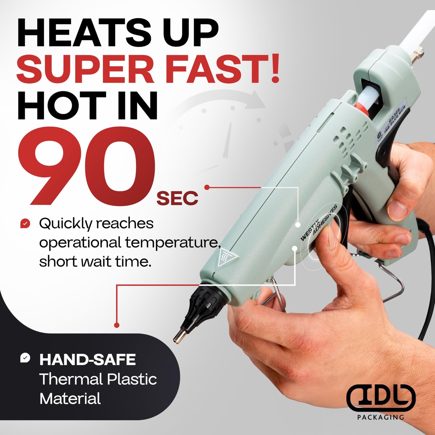 IDL Packaging GG-300 Industrial 300W Hot Glue Gun with 10 pcs Glue Sticks - 1/2" x 10" Full-Size Glue Sticks, Amber - Hot Glue Gun Kit for Corrugated Boxes, Cardboard Packaging, or Paper