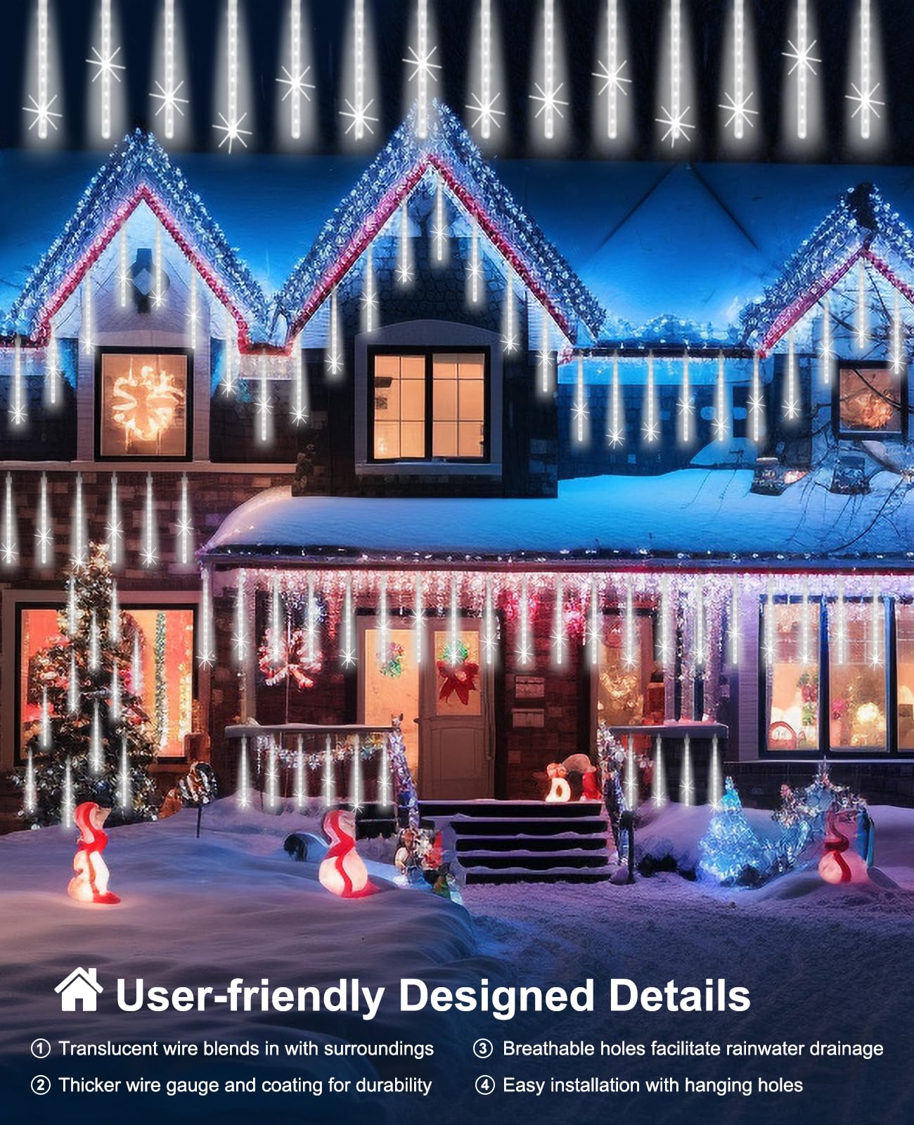 EAGWELL Christmas Lights Outdoor 16 Inch 20 Tubes Meteor Shower Rain Light, Waterproof Falling Icicle String Lighting for Xmas Tree Yard House Decor,Shine White