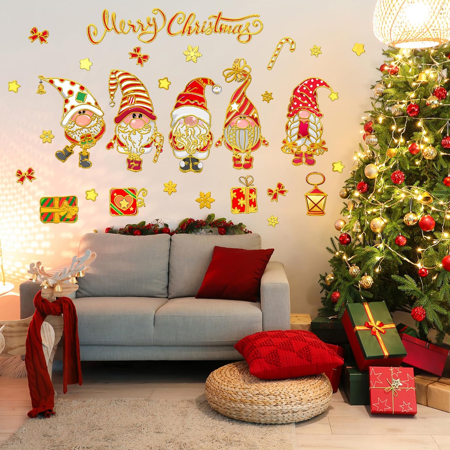 Wrdpyrmnis Christmas Gnome Wall Stickers Xmas Window Sticker Peel and Stick Wall & Window Decals for Xmas Festival Decor Kids Room Living Room Classroom Christmas Decoration (1 Sheet)