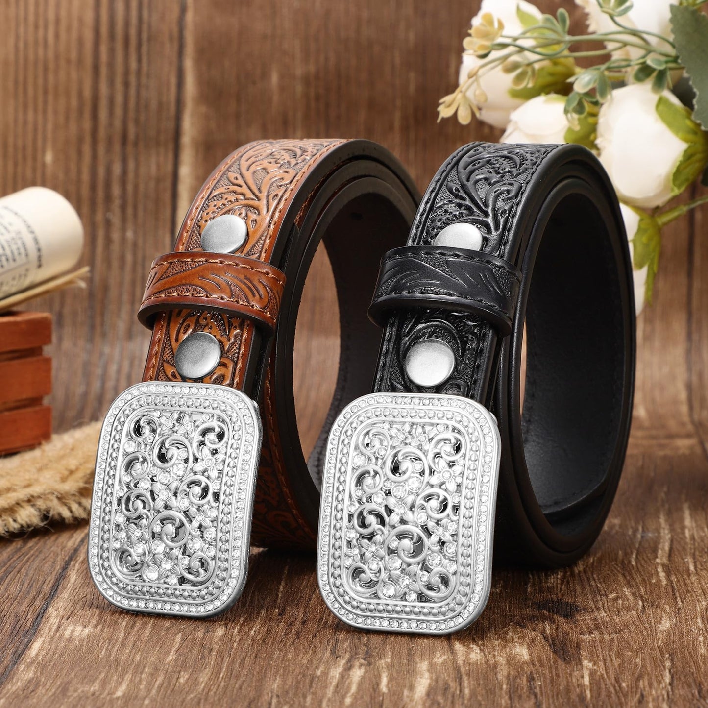 XZQTIVE Genuine Leather Belts for Boys Girls Vintage Kids Western Cowboy Cowgirl Belts Engraved Tooled Leather Belts,coffee