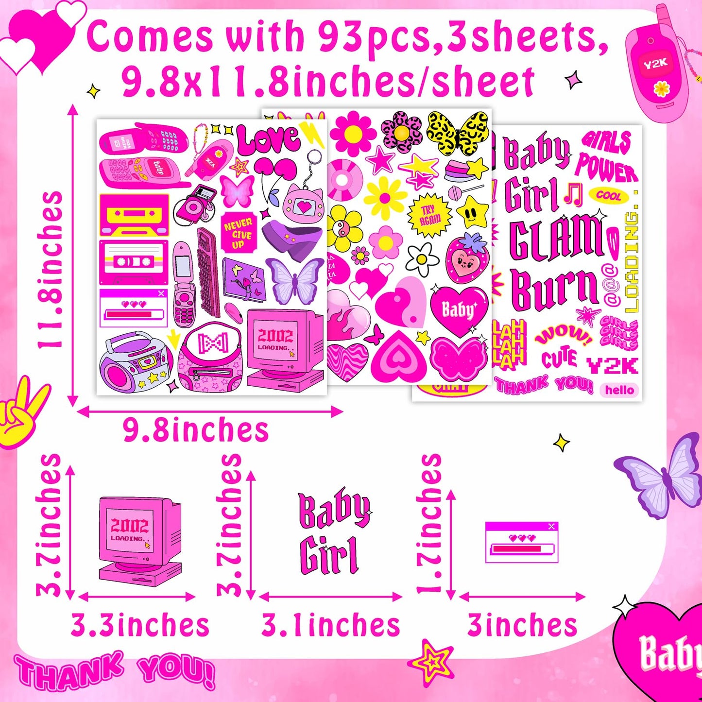 Cute Pink Wall Stickers Princess Girly Wall Decals Aesthetic Trendy Sticker for Girls Room Decor Pink Preppy Stickers for Laptop Water Bottles Decoration Bedroom Playroom Decor