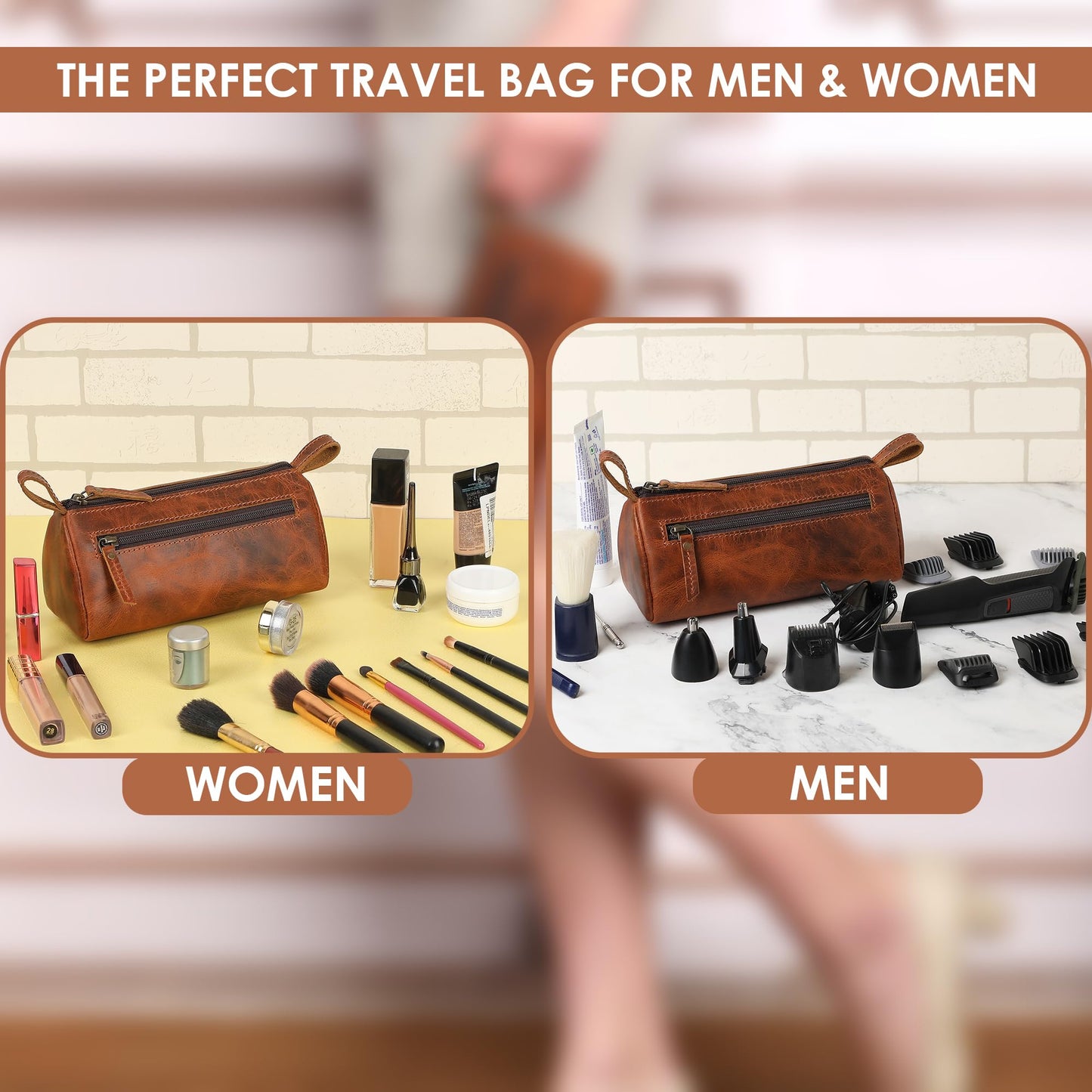 TheAntiq Leather Makeup Bag for Women – Genuine Leather Cosmetic Bag Travel, Handmade Zippered Makeup Pouch, Small Toiletry Bag, Shaving Kit & Stationery Organizer- Tan