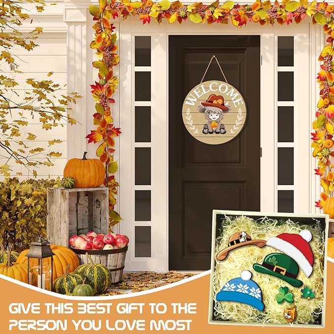 35 Pcs Christmas Interchangeable Highland Cow Welcome Sign Highland Cow Seasonal Wooden Hanging Door Decor Thanksgiving Farmhouse Hanging Sign for Front Door Xmas Party Decoration Gift(Brown)