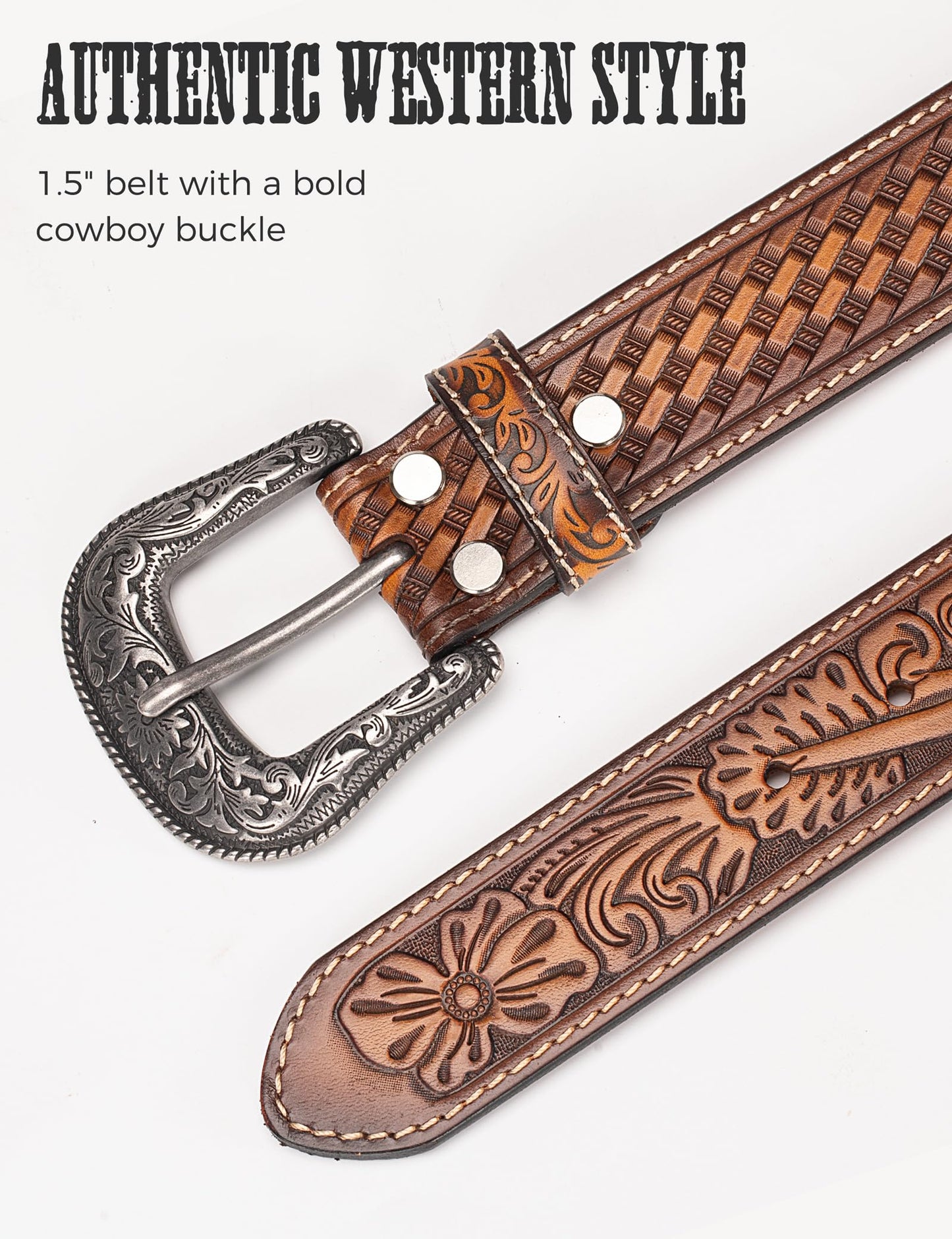 Biybletes Western Cowboy Leather Belt - 1.5" Genuine Leather Country Belt with Durable Buckle (Brown-3, Fit Pants Size 34)
