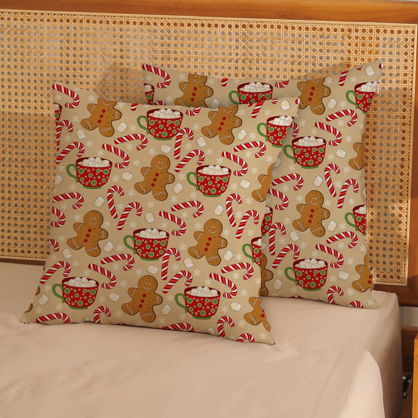 DAFENA Christmas Pillow Covers 18x18 Inch 2 Pcs Gingerbread Man Candy Cane Snowflake Decor Throw Pillows Winter Xmas Holiday Farmhouse Decoration Pillowcase Linen Cushion Cover for Couch Sofa