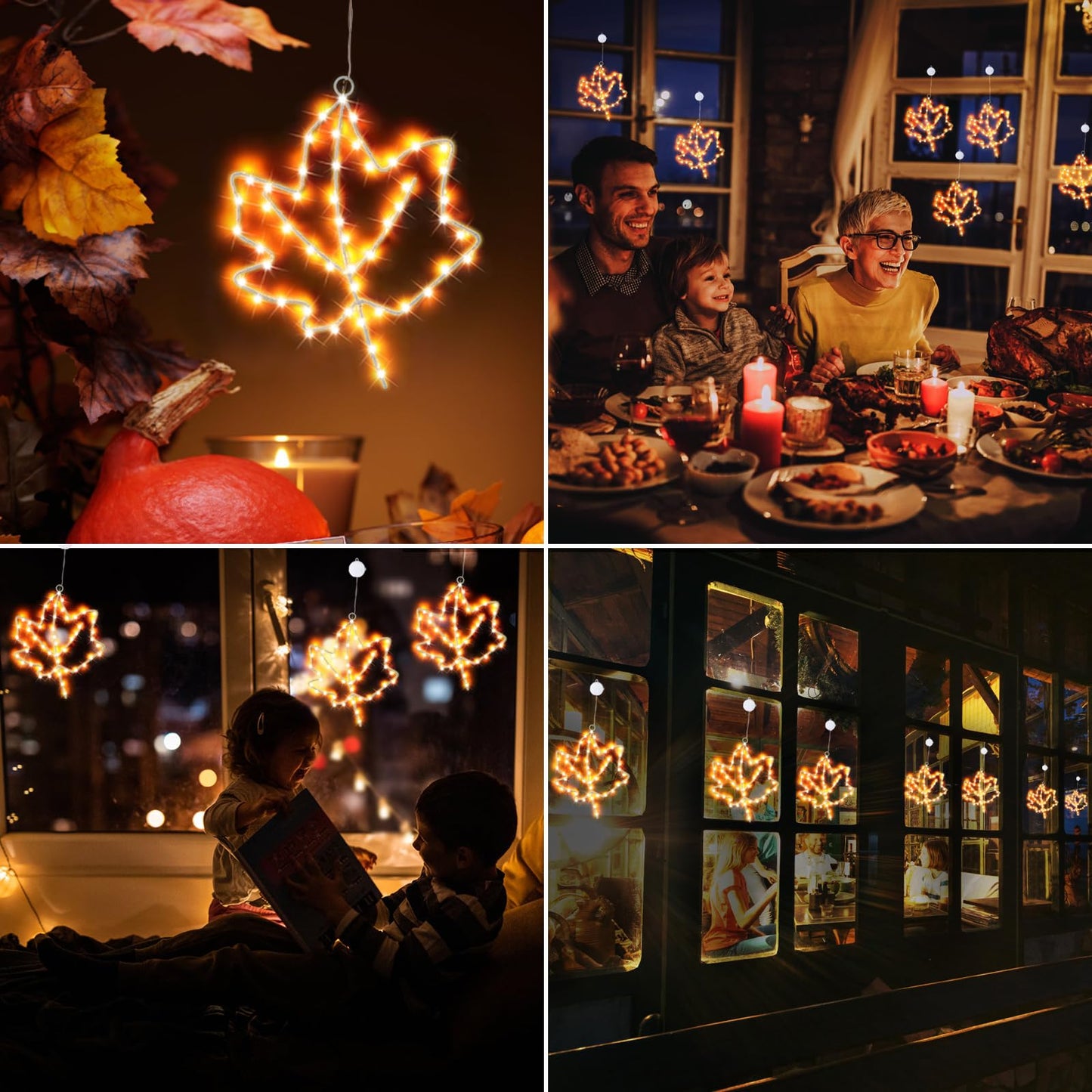 (New) Cerflyer Fall Decoration, Thanksgiving Window Lights with Suction Cup, Metal Frame Maple Leaf Silhouette Lights for Window Wall Home Fall Thanksgiving Décor, Battery Operated - 3 Pack