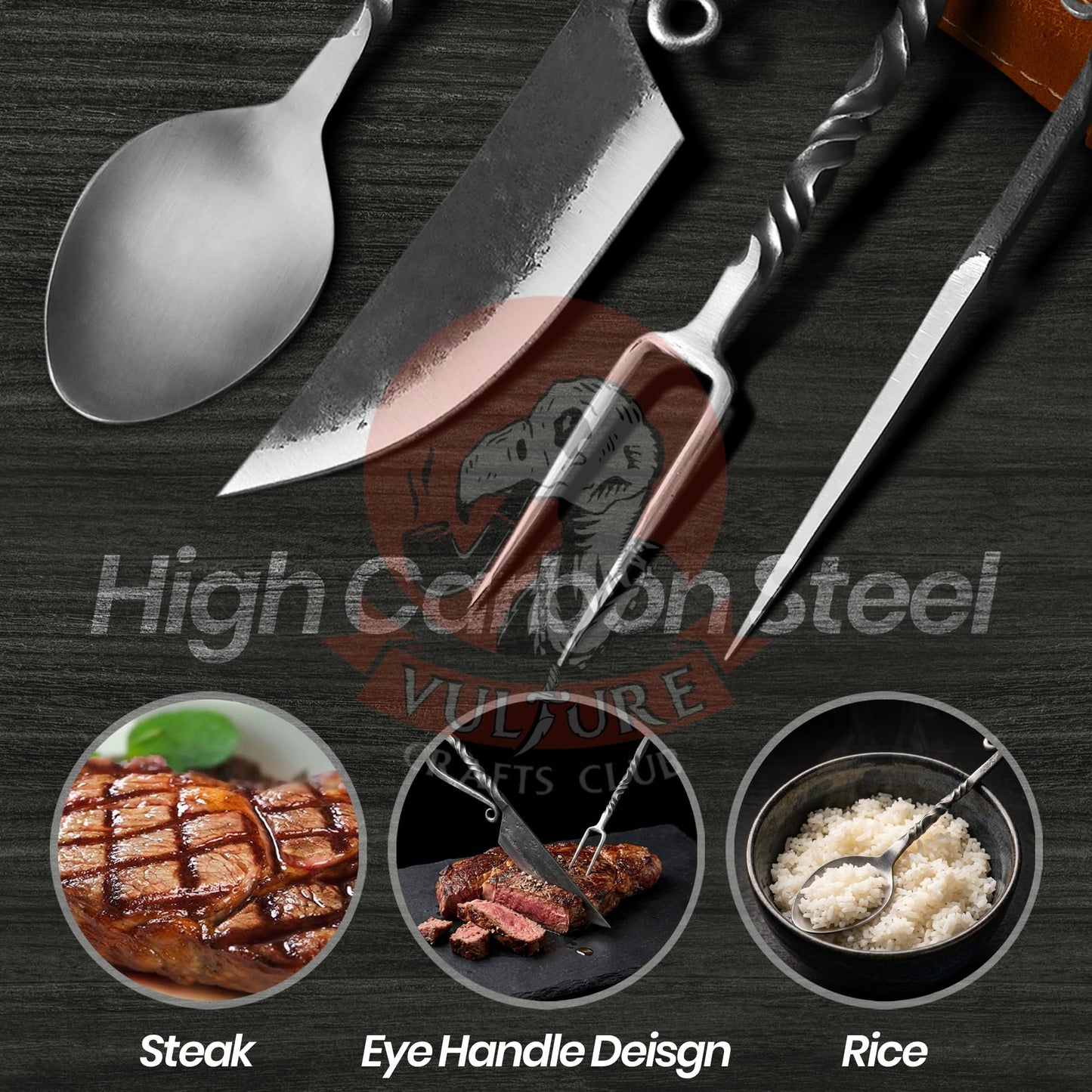 Medieval Silverware Set with Leather Cover - Hand Forged Medieval Cutlery Set - Viking Camping Utensils, Medieval Decor,Gifts - 4 Pcs Viking Utensils Set Fork Spoon and Knife Set (Half Black) (Silver Black)