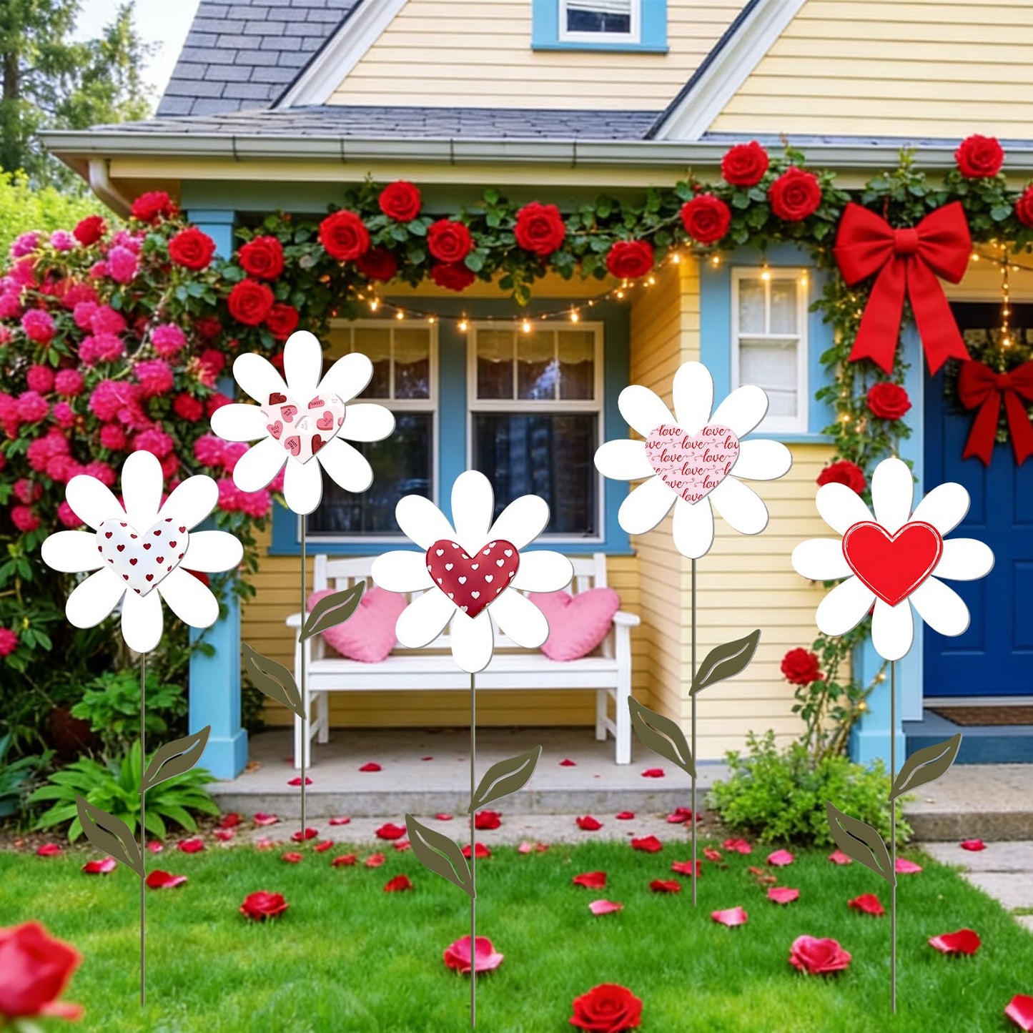 Nuanchu 5 Pcs 27.4" Metal Spring Flower Yard Signs Heart Yard Sign Stake Waterproof Floral Heart Lawn Signs Spring Outdoor Decorations for Mother's Day Outside Garden Patio Pathway Home Decor