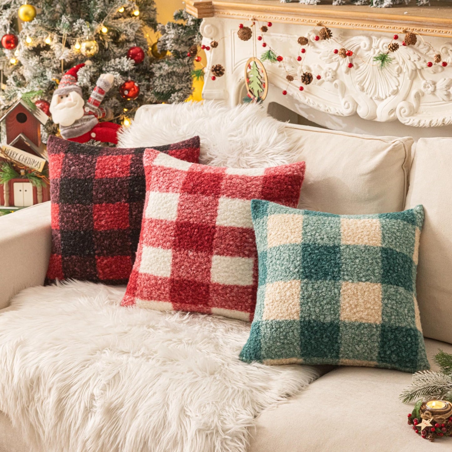 AQOTHES Red White Plaid Christmas Throw Pillow Covers 18x18 Inch Set of 2, Boucle Decorative Pillow Covers,Cozy Fluffy Home Living Room Farmhouse Decor for Sofa Couch Bed