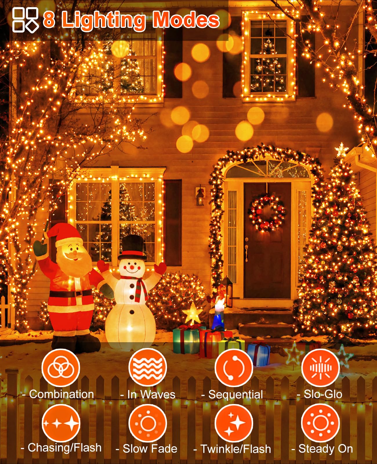 XmasBokeh 40FT 120 LED Christmas Lights Outdoor, Orange Christmas String Lights Waterproof, 8 Modes Connectable Christmas Tree Lights for Indoor Bedroom Xmas Tree Garden Holiday Decorations