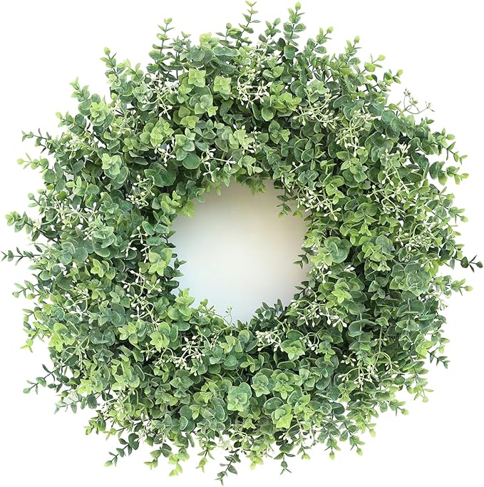 26'' Eucalyptus Wreath for Front Door - Large Artificial Eucalyptus Leaves with White Seeds Greenery Outdoor Wreath for Porch,Window,Farmhouse,Home,Hanging Decor- Spring, Summer, All Seasons (Green) ﻿