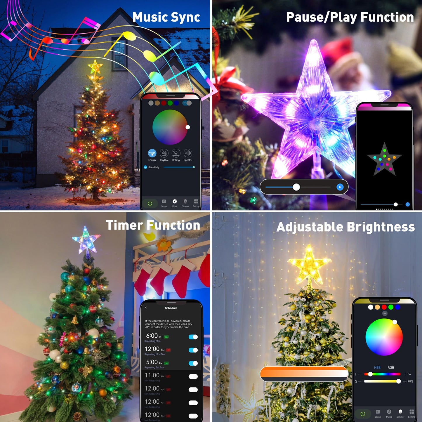 7.6" Christmas Tree Topper Star, RGB LED Lighted Star Tree Top w/Remote Control&APP, Scene Mode, DIY, Dimmable, Timer, Multicolour Lighted Treetop for Xmas Trees Holiday Party Gift Decorations
