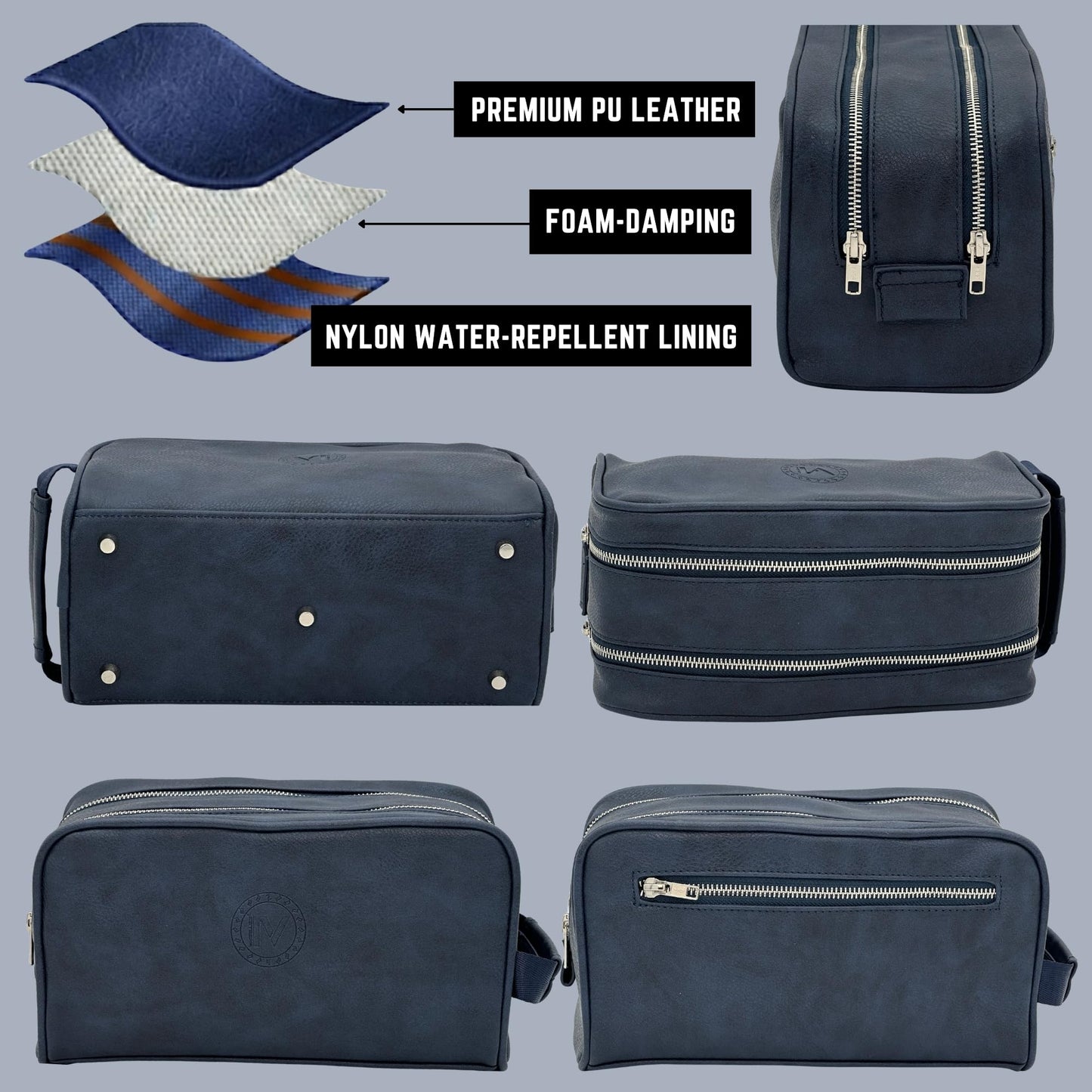 Toiletry Bag For Men, Premium PU Leather Dopp with Metal Zippers & Bottom Studs, Waterproof Grooming Kit for Men, Mens Birthday Gift, Includes Velvet Dust Bag & Shape-Retention Stuffing / NAVY BLUE