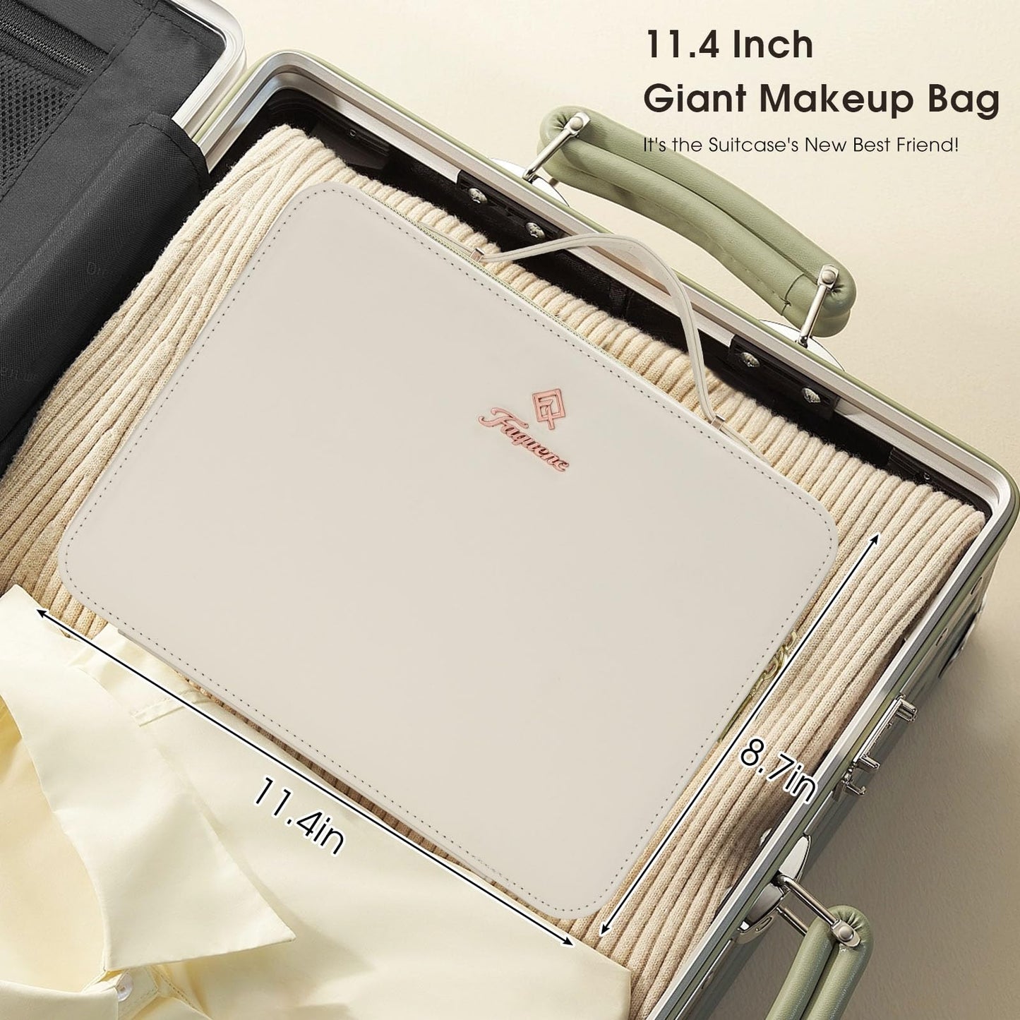 Faquenc Leather Makeup Case with LED Lighted Mirror 11.4 Inch Travel Makeup Bag Adjustable Brightness in 3 Colors Cosmetic Organizer Artist Storage Bag with Dividers Brush Holder Bag Vanity White