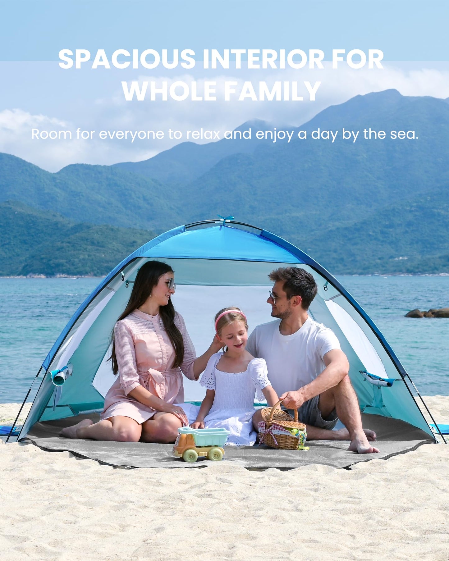 OutdoorMaster Beach Tent for 3/4 Person - Easy Setup Sun Shade Shelter, Portable Beach Shade Sun Canopy with UPF 50+ UV Protection, Removable Skylight Family Size - 3 Person Blue