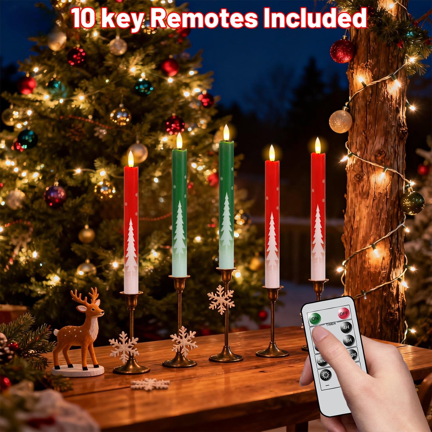 Wondise Christmas Flameless Taper Candles with Remote Timer, Real Wax Battery Operated Candles 3D Wick with Christmas Tree Decals for Christmas Thanksgiving Home Decoration(4Pack