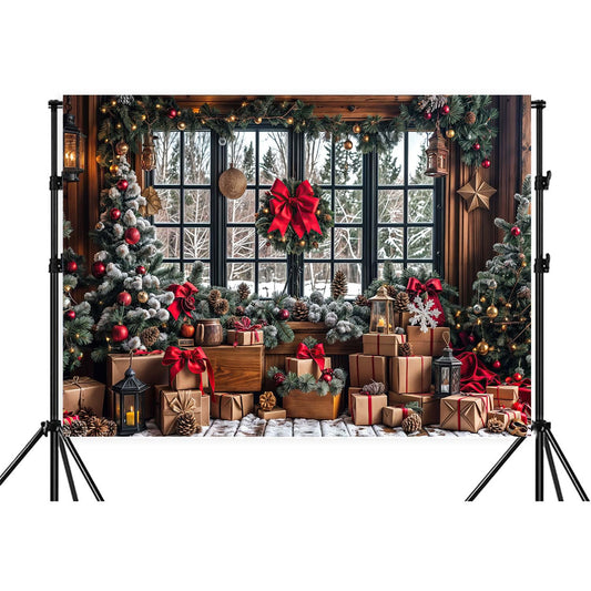 10X8ft Winter Christmas Photography Backdrop Red Xmas Tree Snow Rustic Wooden Window Banner for Family Holiday Party Decoration Supplies Photo Studio Props Pictures