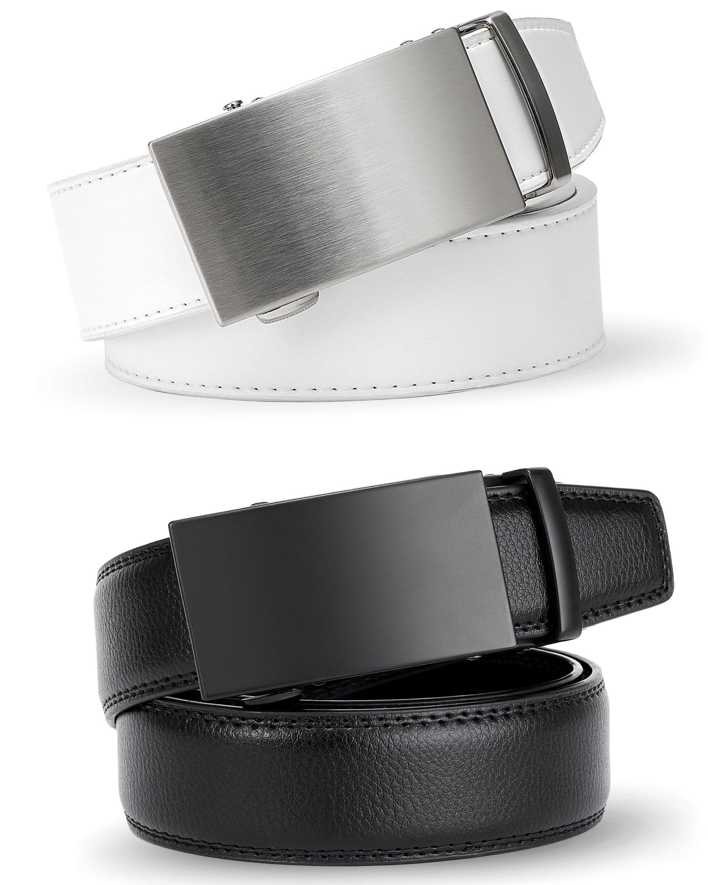 MILORDE Men's Leather Ratchet Belt - 35mm - Customizable Fit(2pack-Black/White,32" to 38" Waist Adjustable)