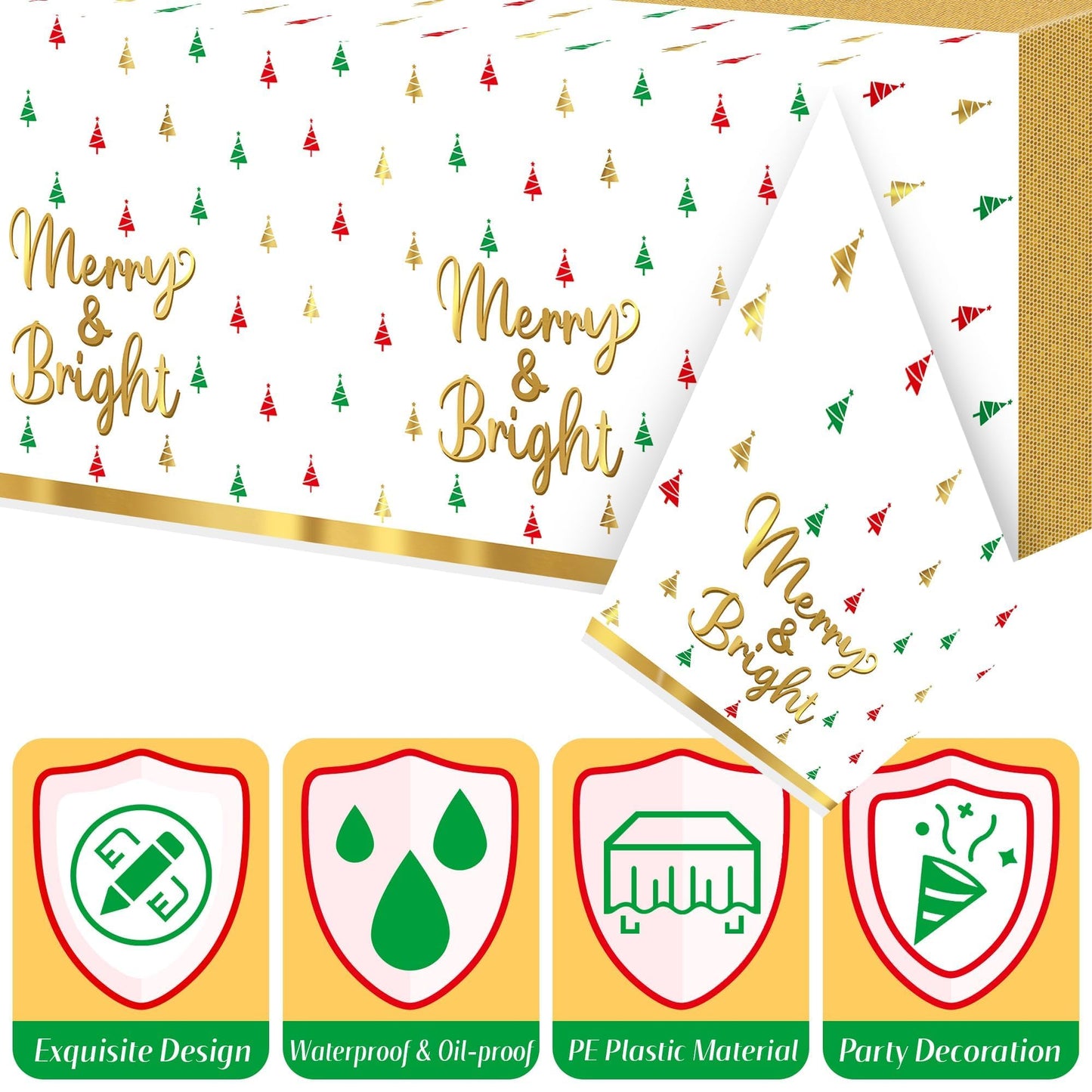 BkeeCten Christmas Winter Waterproof Tablecloths - 3 Packs Gold White Mini Christmas Tree Tablecloths Colorful Waterproof Table Cover Merry Bright Disposable Plastic Tablecloth Xmas Party Table Decor