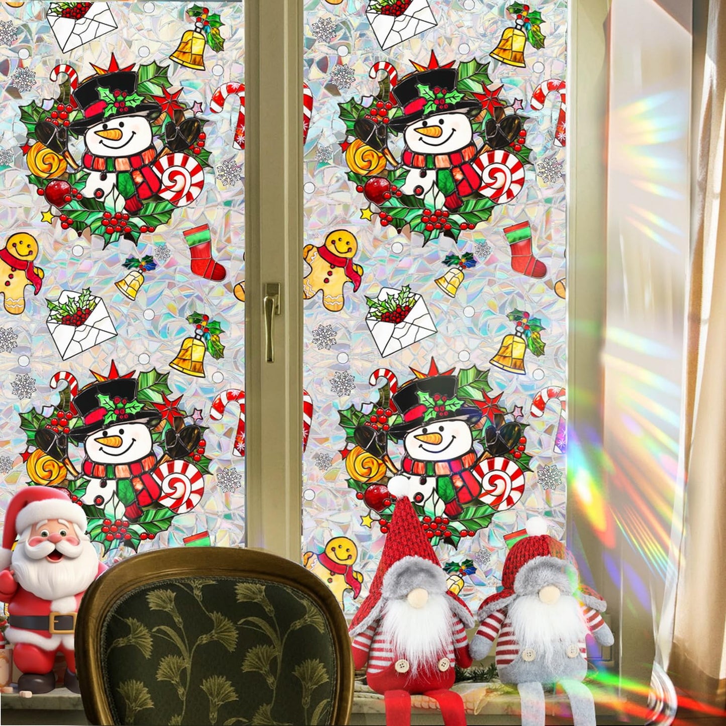 Christmas Window Film Decorative Snowman Gingerbread Man Xmas Red Berry Designs Stained Static Glass Window Clings Stickers for Home Office Living Room Bedroom Glass Windows Door Decor 17x 39.3 Inch