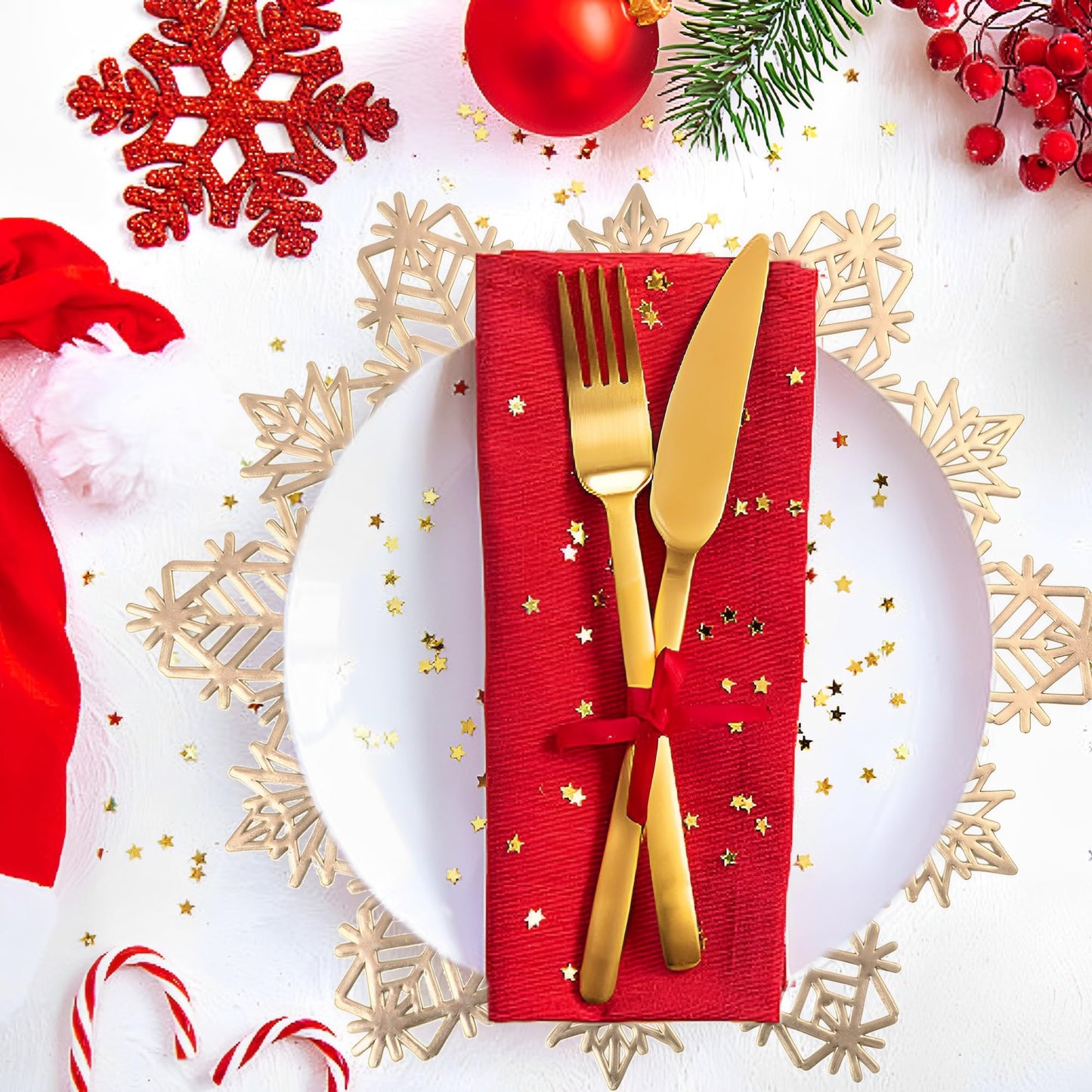 Snowkingdom Christmas Round Snowflake Placemats Sets of 6 Laminated Gold Metallic Vinyl 15 inch Winter Festival Table Decorations for Holiday Party Feast