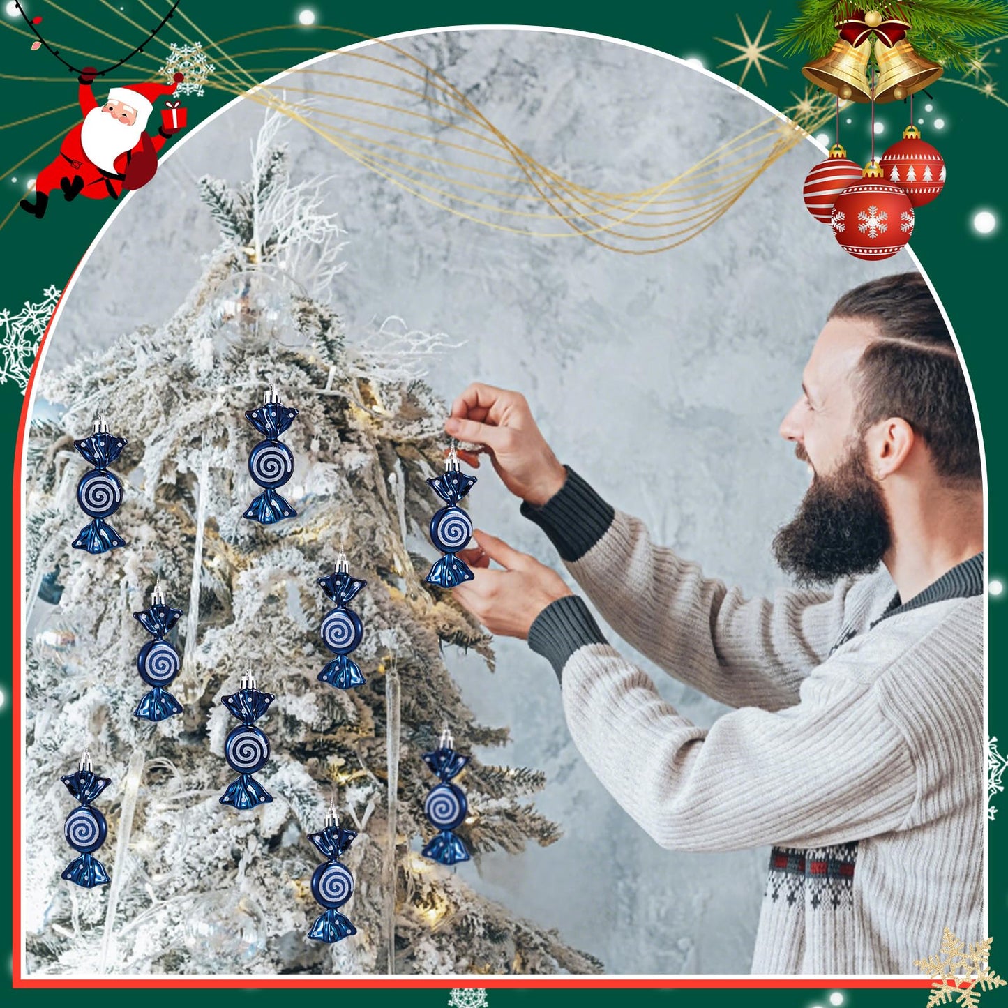 Threan 12 Pcs Christmas Candy Ornaments for Tree Decoration Hanging Glitter Candy Cane Christmas Peppermint Ornament with Golden Rope for Xmas Holiday Decoration(Dark Blue,Plastic)
