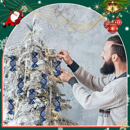 Threan 12 Pcs Christmas Candy Ornaments for Tree Decoration Hanging Glitter Candy Cane Christmas Peppermint Ornament with Golden Rope for Xmas Holiday Decoration(Dark Blue,Plastic)