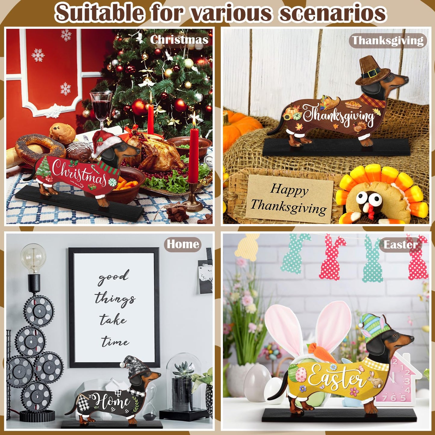 Anglechic 42 Pcs Interchangeable Summer Dachshund Holiday Wiener Dog Decor Seasonal Welcome Sign Tier Tray Decoration Ornament Farmhouse Wood Home Office Desk Accessories for Women Pet Lover Gift