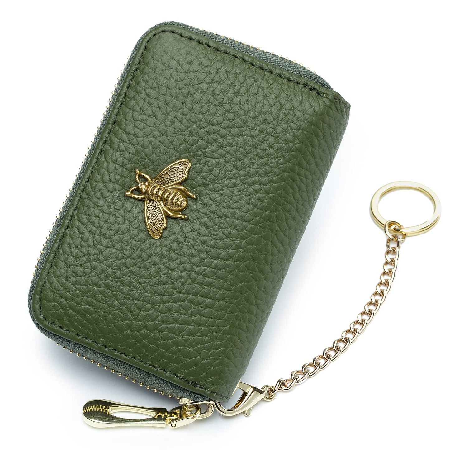 imeetu RFID Credit Card Holder, Small Leather Zipper Card Case Wallet with Keychain and ID Window for Women (Pro,Olive Green)