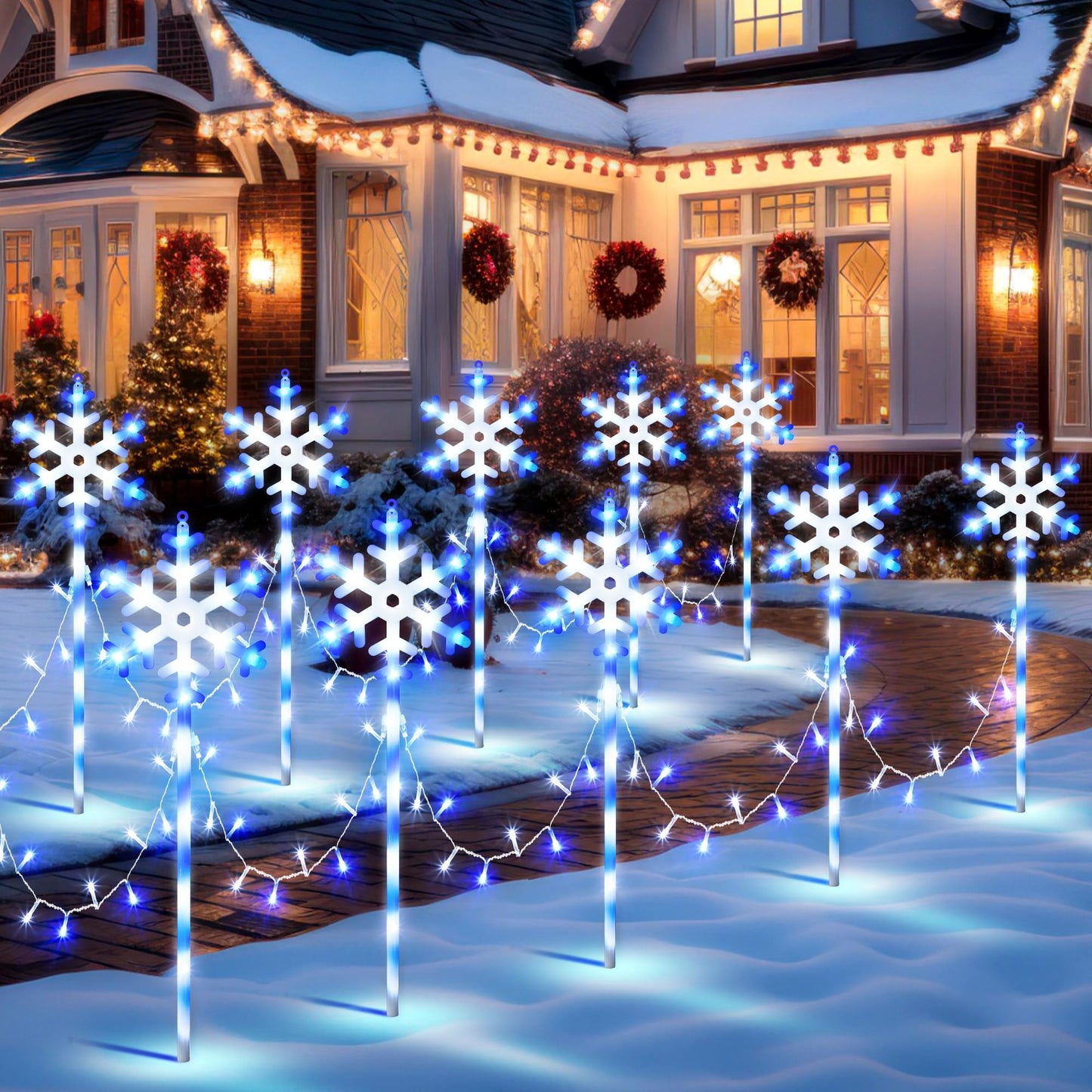 ElectricWise 10 Pcs Christmas Snowflake Pathway Stake Lights for Outdoor Yard, 370 Bright LEDs Waterproof Large Christmas Snowflake Light Decoration for Garden Lawn Driveway Walkway Decor (Blue White)