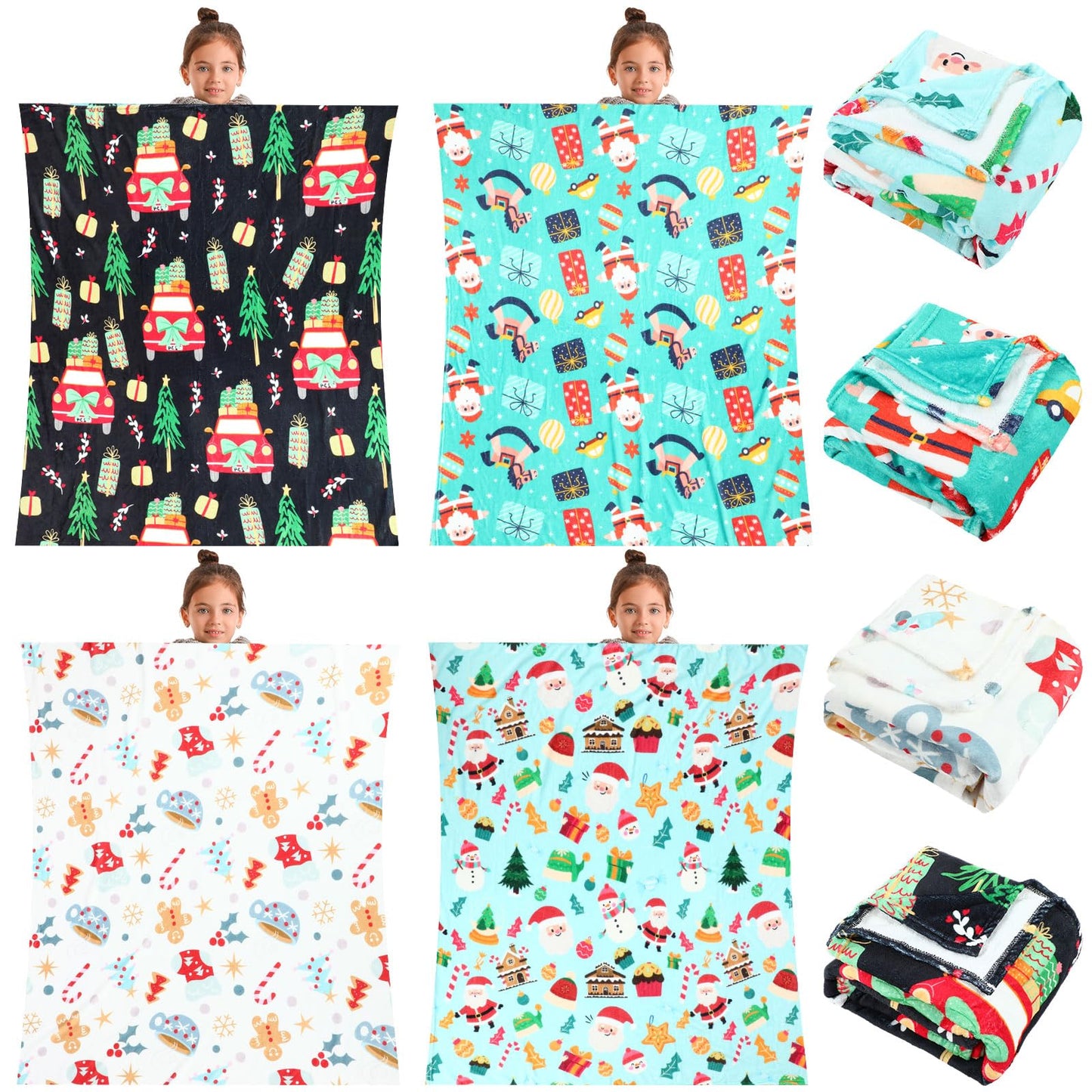 Buryeah 4 Pcs 40 x 50 Inch Christmas Throw Blanket Warm Soft Santa Claus Christmas Tree Gingerbread Plush Blanket Flannel Fleece Throw for Xmas Couch Chair Bedroom Picnic Home Decoration