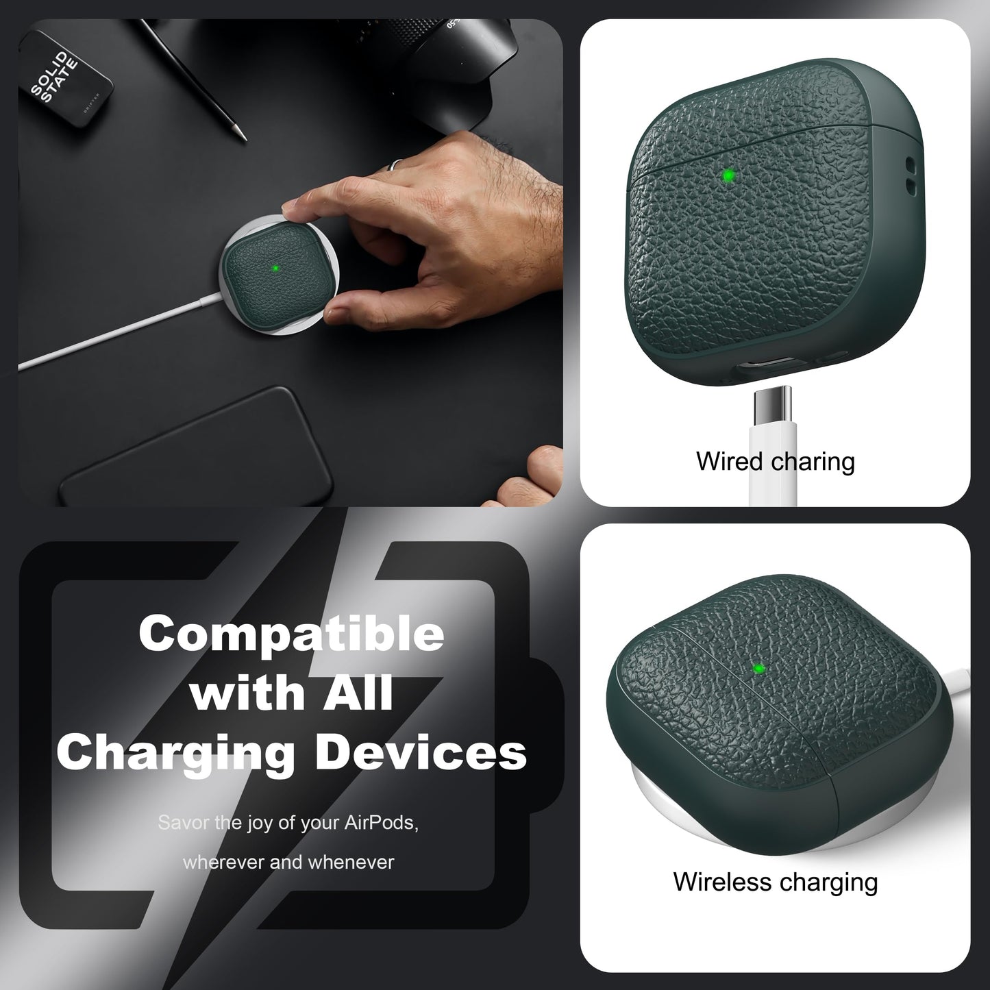 R-fun for Airpods 4 Case, Soft TPU (Leather-Like Design) Drop Protection Cover for Men and Women with Lanyard and Cleaner Kit, Compatible with Apple Latest Airpods 4th Gen(USB-C)(2024)-Green