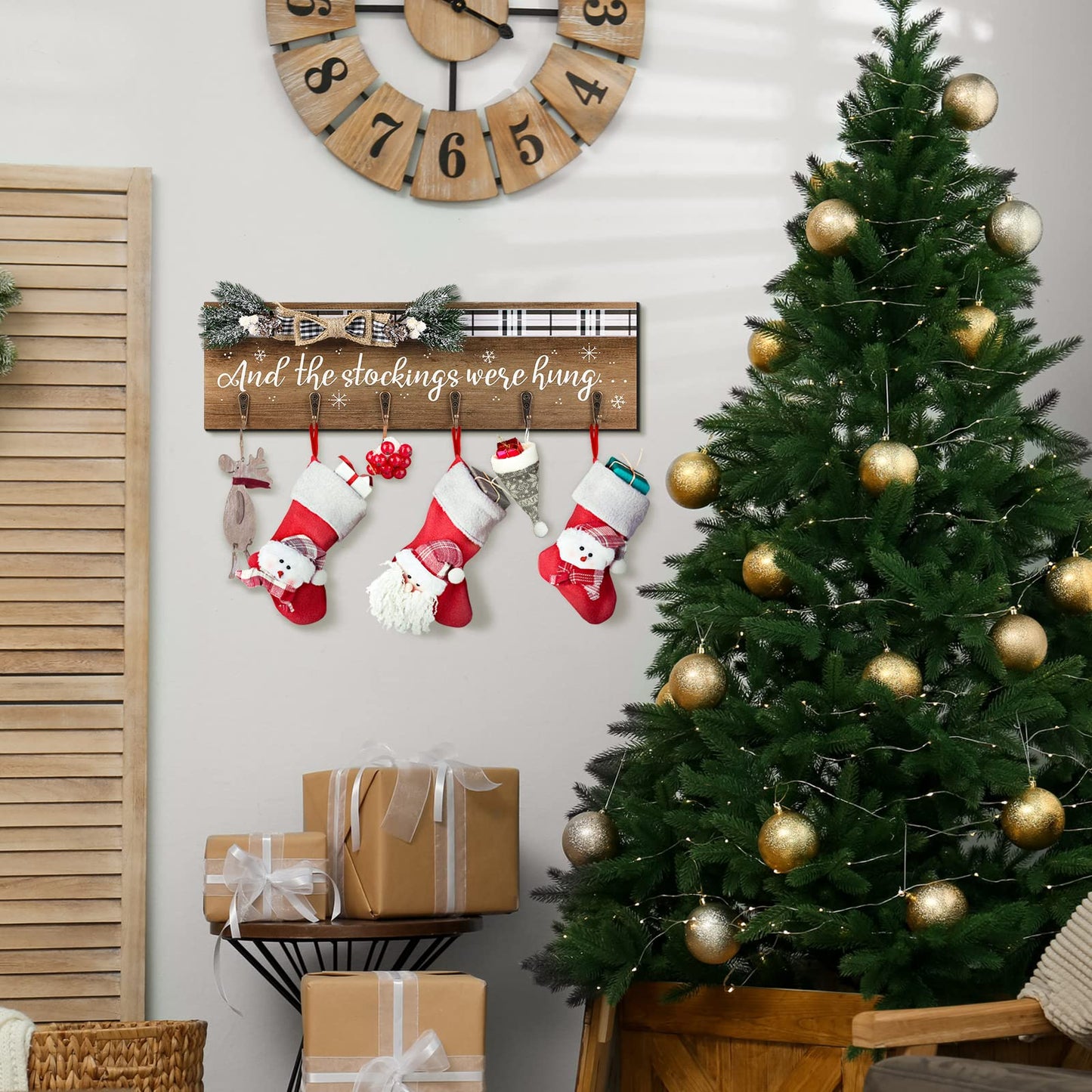 Christmas Stocking Holder with 6 Hangers The Stockings were Hung Wooden Sign Xmas Wall Hanging Sign Wall Mount Hook Holder Decorative Wood Stocking Hanger for Mantle(Snowflake Style)