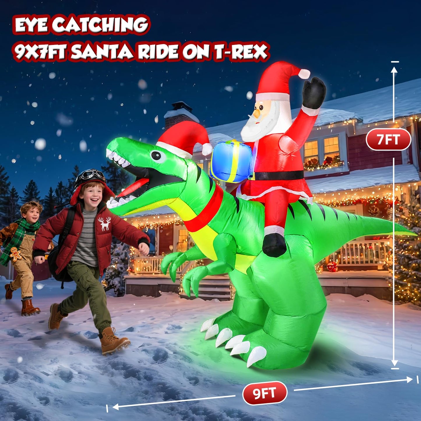 9x7FT Christmas Inflatables Santa Ride on Dinosaur with LED Outdoor Christmas Dinosaur Inflatable Blow Up Yard Decorations with Sandbags Stakes Strings for Garden Decor