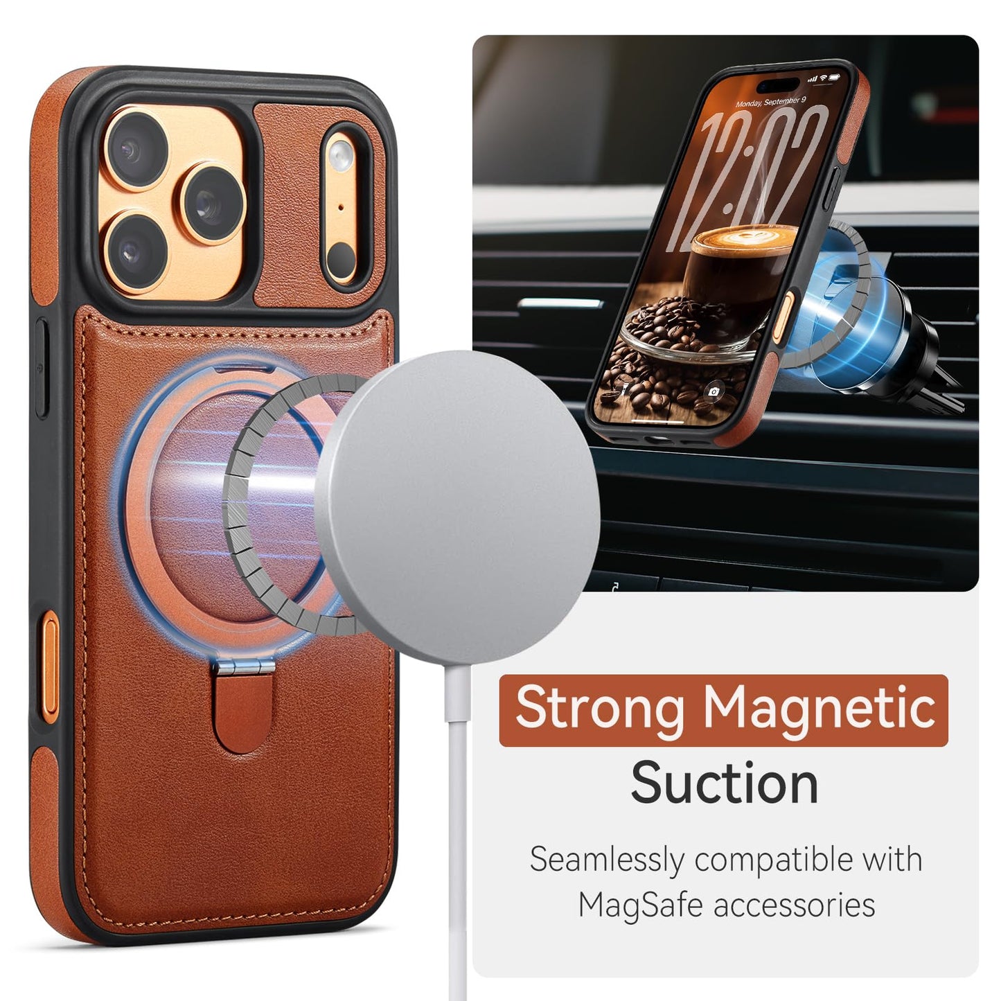 CHEEWADA for iPhone 17 Pro Max Case with Stand, Compatible with MagSafe, Slim PU Leather & TPU Drop-Proof Protective Magnetic Kickstand Phone Cases with Tempered Glass Screen Protector 6.9", Brown