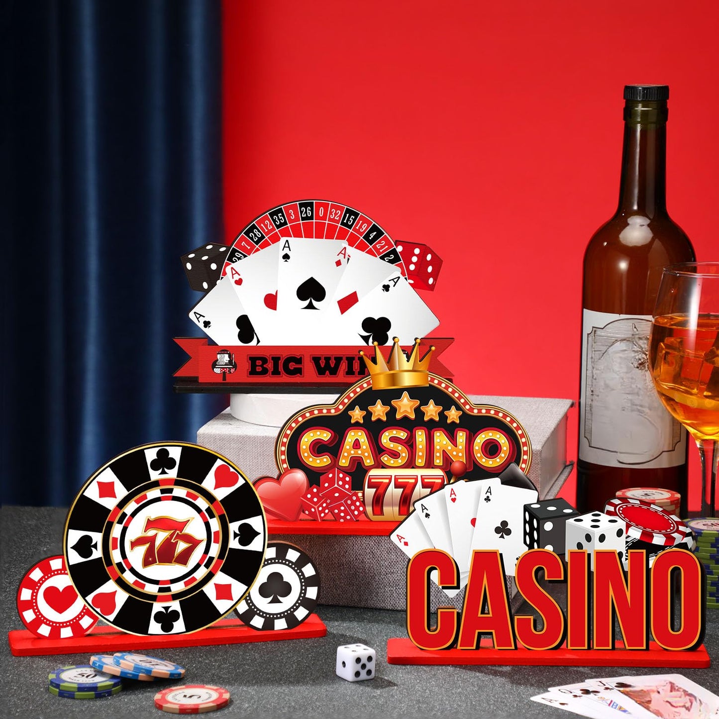 CroBlissful 6 Pcs Casino Theme Table Centerpieces Casino Theme Party Decorations Poker Chips Poker Machines Dice Spades Wooden Signs for Birthday Party Decoration