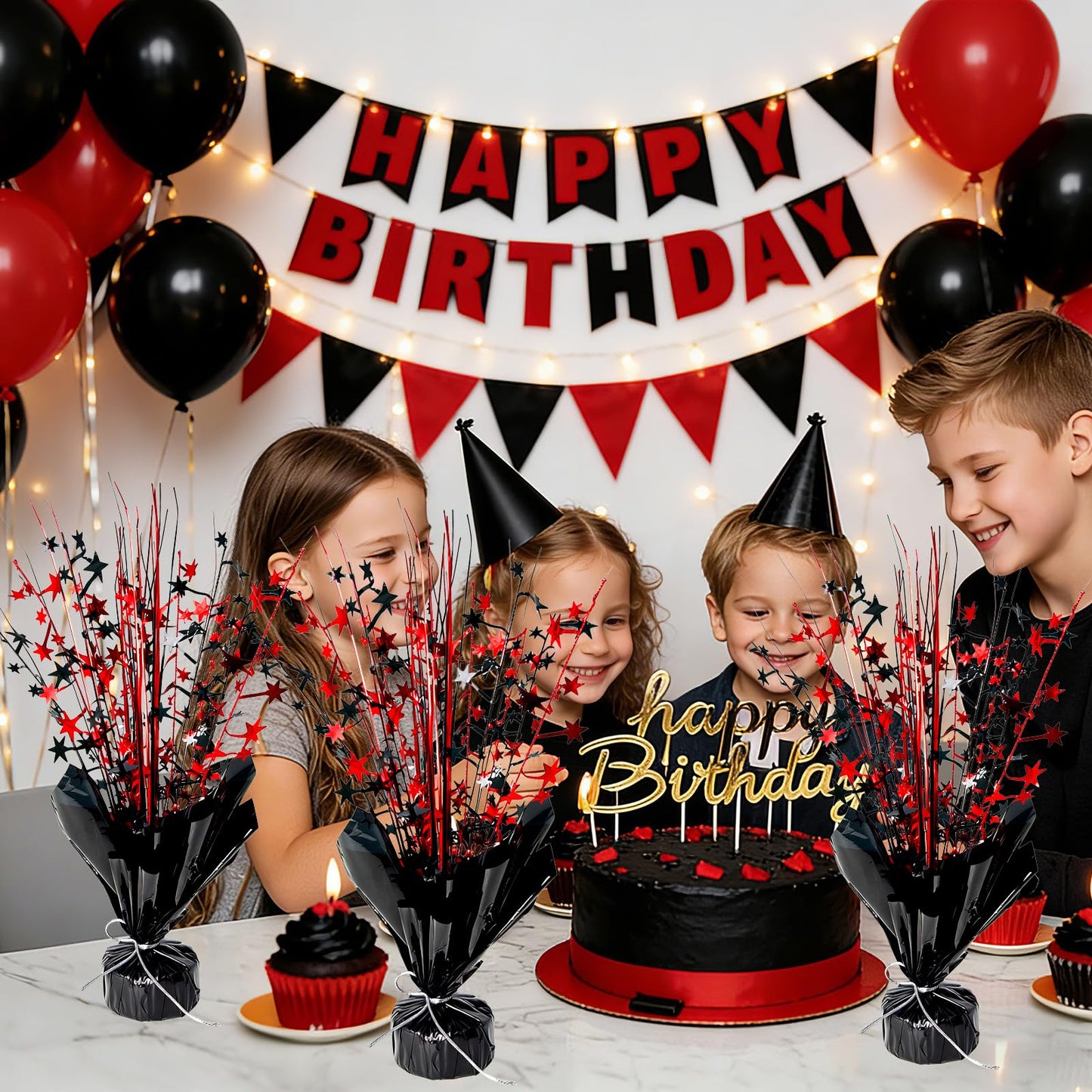 YinNorth 6 Pack Metallic Foil Spray Table Centerpiece Decoration Star Brust Glitter Table Topper Decor for Birthday Circus Casino Graduation Christmas New Year's Eve Party Supplies Red Black