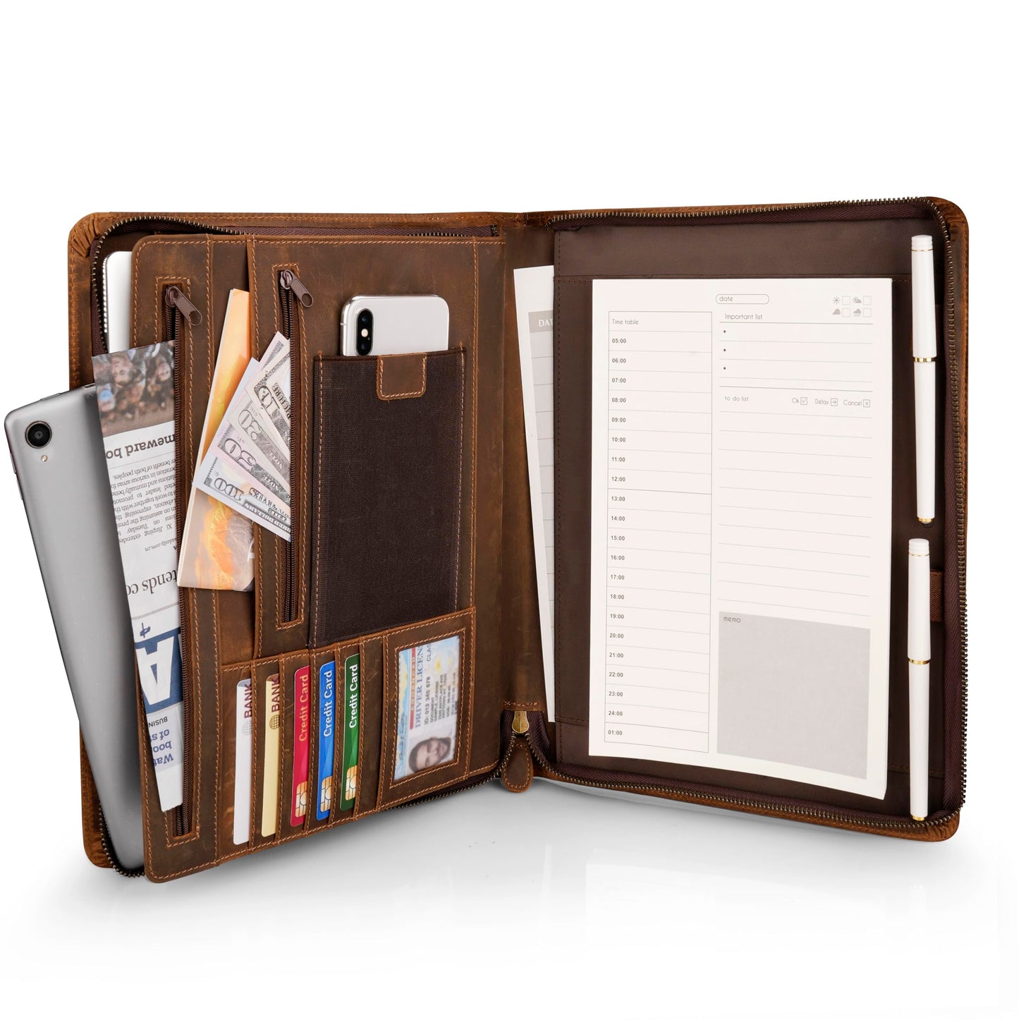 Full Grain Leather Portfolio with Zipper, Professional Business Organizer for Men Women, Executive Resume Folder with A4 Notepad Holder, Card Slots, Pen Loop, 10x13'', Luxury Gift Set