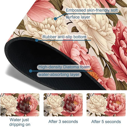 Beautiful Peony Sink Splash Guard Bright Peonies Faucet Absorbing Mat Fast