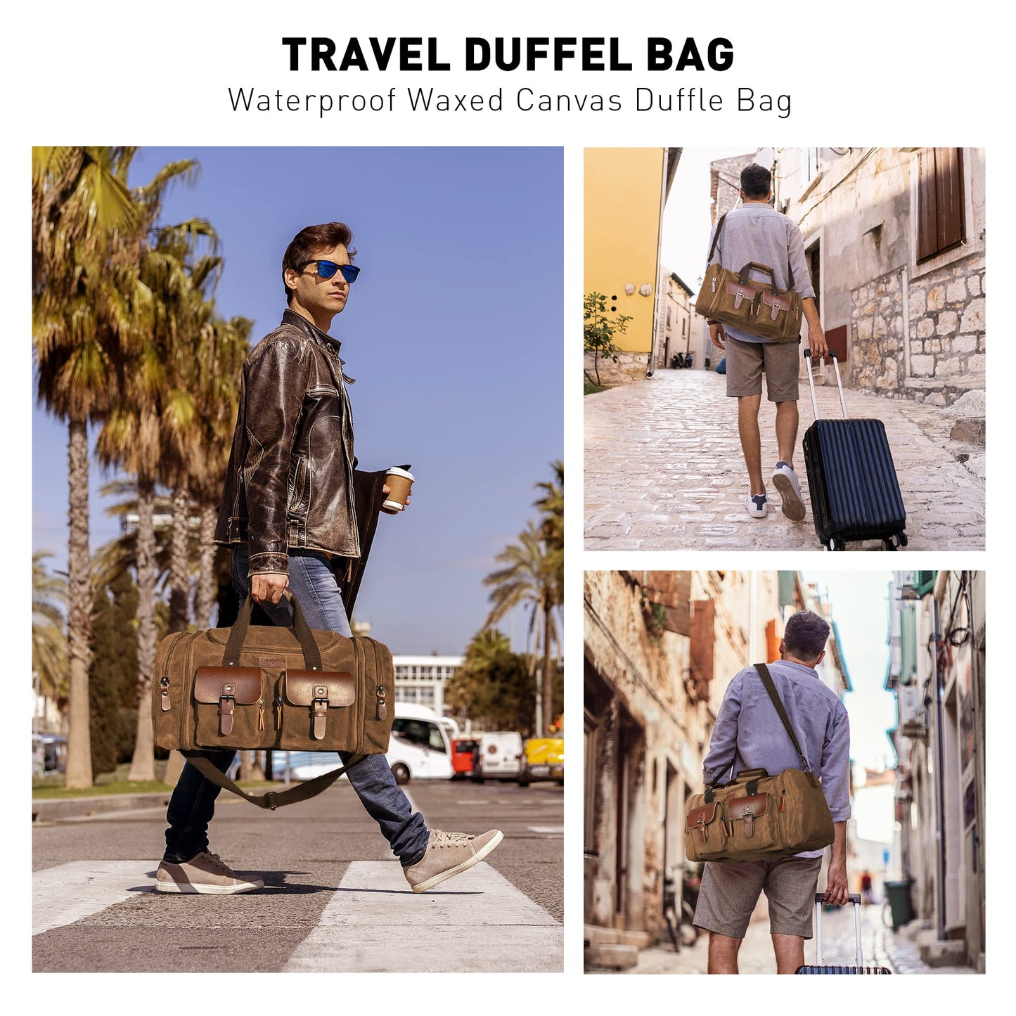 Wildroad Waxed Canvas Genuine Leather 50L Waterproof Duffle Bag - Vintage Travel Weekender Overnight Carry On