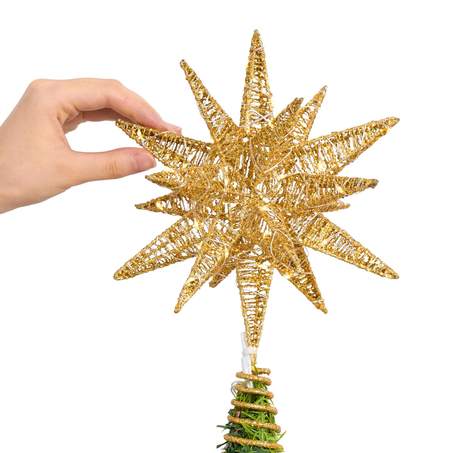 JOIEDOMI 7.8" Metal 3D Star Christmas Tree Topper Golden Glitter Decorations with 56 LED Warm White with Plug Timer Ornaments Treetop Home Holiday Party Indoor Decor