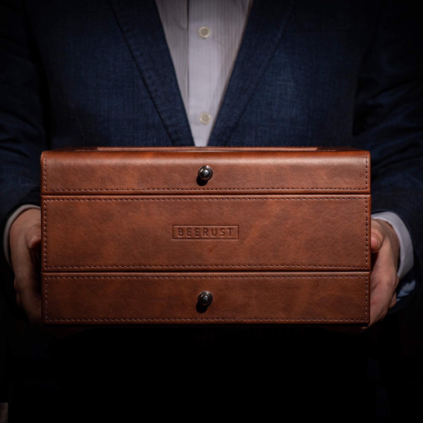 BEERUST Watch box organizer for men - Leather watch case - Luxury watch box - For large mens wrist watches - Mens jewelry box organizer - Watch case - With valet drawer - Watch display case